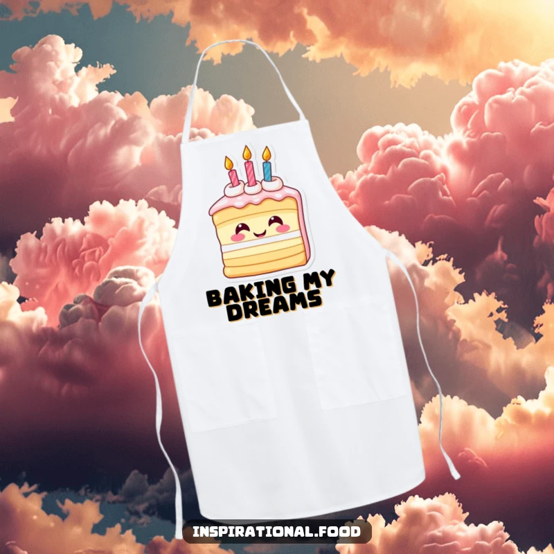 Funny apron featuring an inspired smiling slice of birthday cake with candles, designed for humorous baking and birthday celebrations.