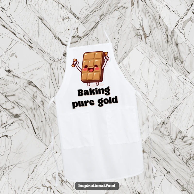 Funny chocolate bar apron with a beaming character holding a golden wrapper aloft, perfect for adding humor and protection while cooking.