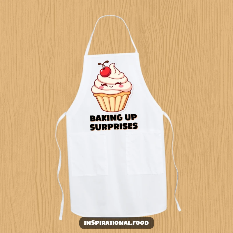 Funny cupcake apron featuring a plump character with a cherry giving a wink, ideal for adding playful humor to kitchen wear.