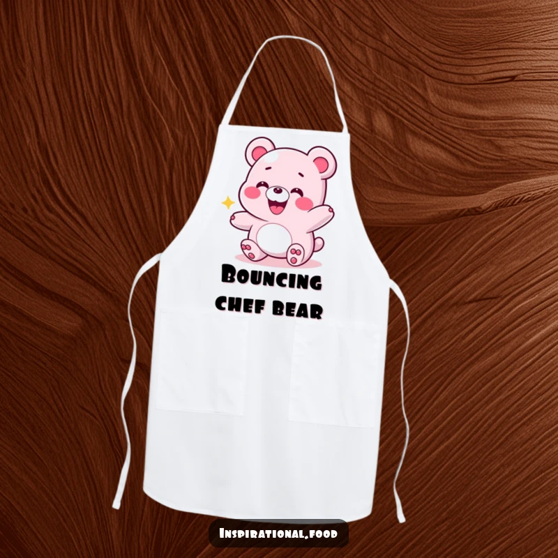 Funny apron with a grinning gummy bear in an energetic bounce, ideal for cooks who enjoy adding fun and energy to tasks.