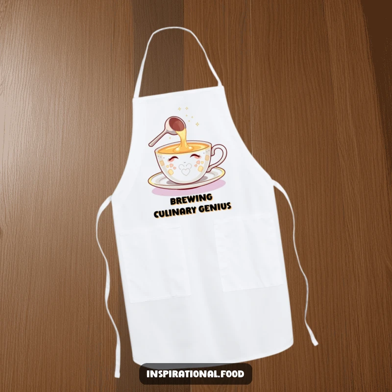 Funny apron featuring a shining teacup character and sparkling ladle pouring a cascade of ideas, great for creative cooking.