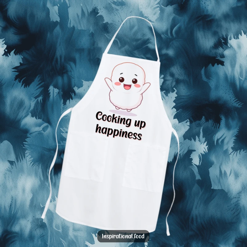 Funny apron featuring a fluffy marshmallow character bouncing with unbridled glee, perfect for cooking and baking with a smile.