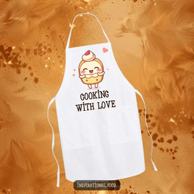 Funny apron featuring a blushing pastry character joyfully sharing delightful food imagery, perfect for kitchen fun.