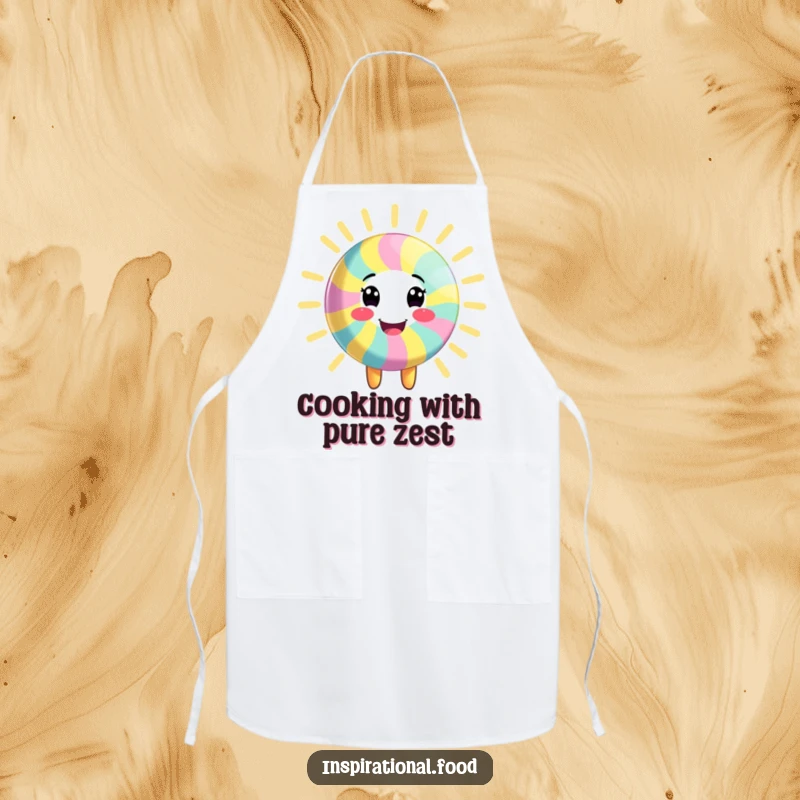 Funny apron adorned with a smiling candy character radiating vibrant, colorful energy, perfect for a fun kitchen experience, a superb funny gift.