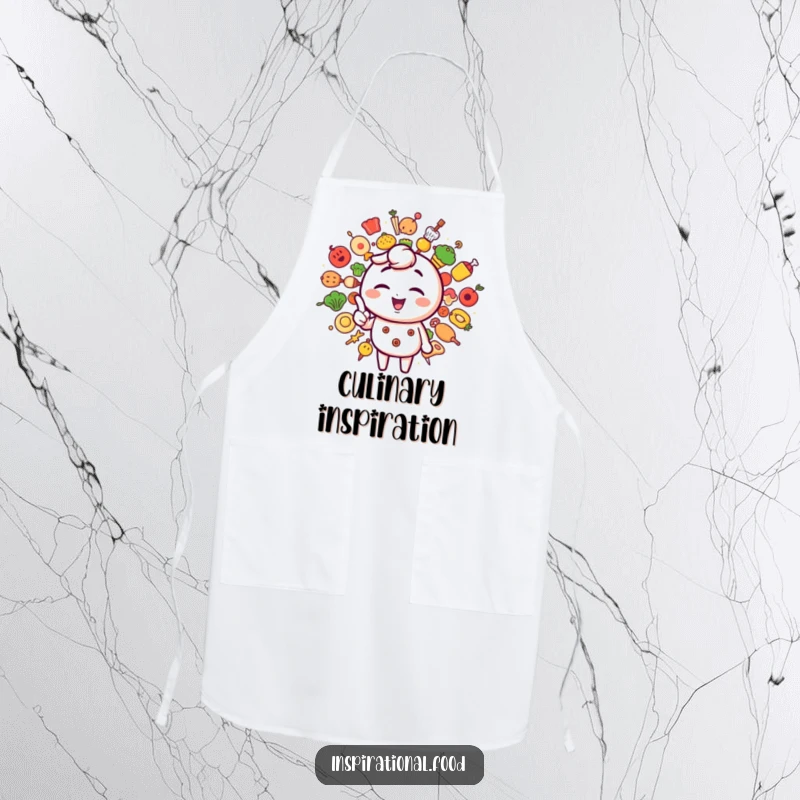 Funny cooking apron adorned with a winking character pointing to a vibrant collection of imaginative food icons for chefs.