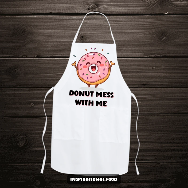 Funny donut wiggling with sprinkles on an apron, a sweet and comical kitchen accessory.