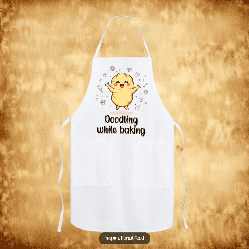 Funny apron showing a bubbly croissant character joyfully twirling amidst artistic doodles, great for creative culinary endeavors.