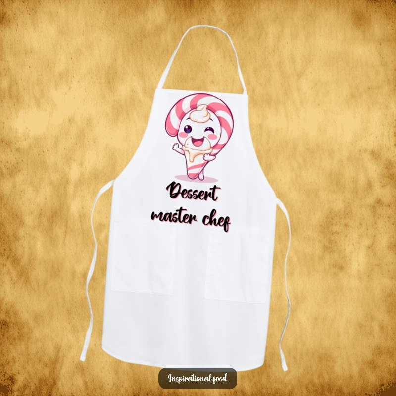 Funny apron showing a candy cane character smiling widely and offering a scoop of ice cream, perfect for holiday baking.