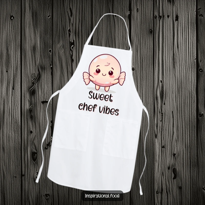 Funny apron featuring a happy candy character with a shimmering wrapper, perfect for kitchen fun and spreading sweetness, a practical and funny gift.