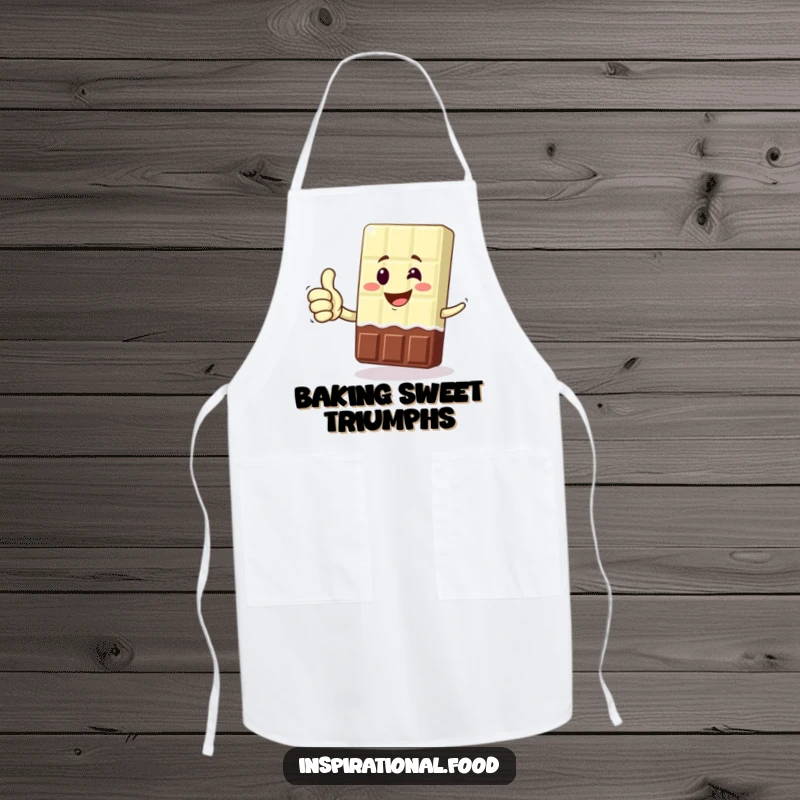 Funny apron featuring a grinning chocolate bar character giving a victorious thumbs up, ideal for cooking and baking with humor.