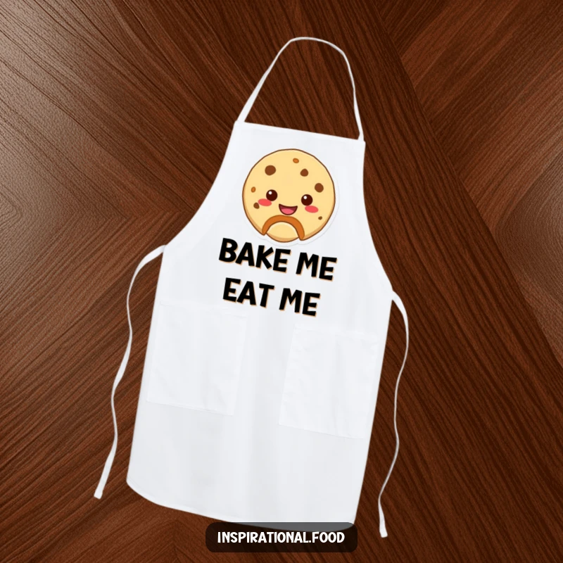 Funny apron showcasing a cookie character with a bite mark revealing a smile, designed for fun baking.