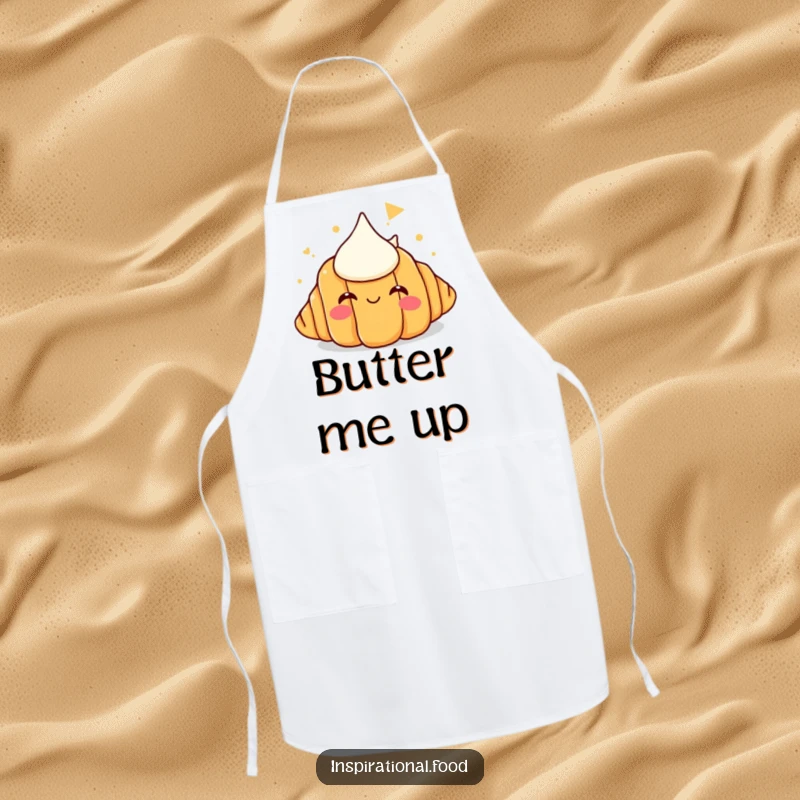 Funny apron decorated with a smiling croissant fixated on a giant butter mountain, perfect for a humorous kitchen experience.