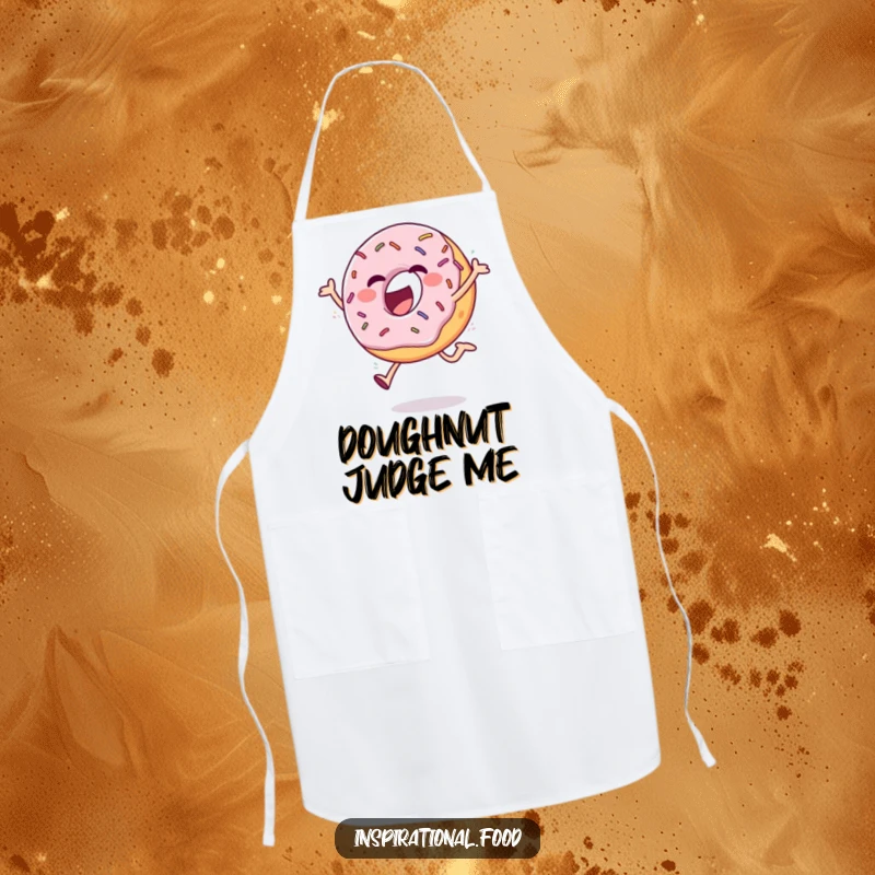 Funny apron with an ecstatic donut and sprinkles doing a cheerful leap, ideal for adding humor to cooking.
