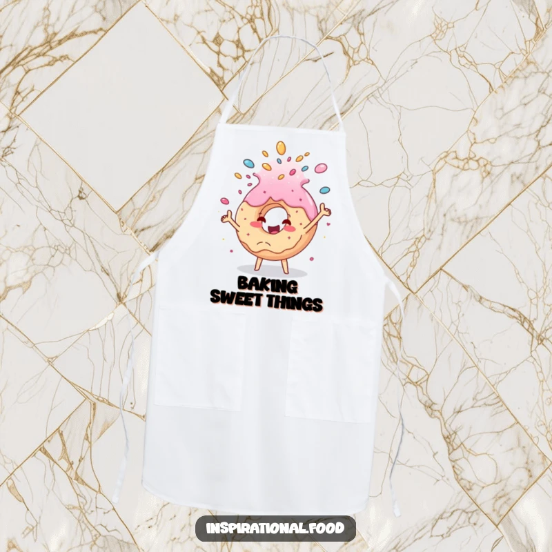 Funny donut chef apron, a happy donut character joyfully showering sugar, ideal for bakers and dessert lovers who add humor to their cooking.