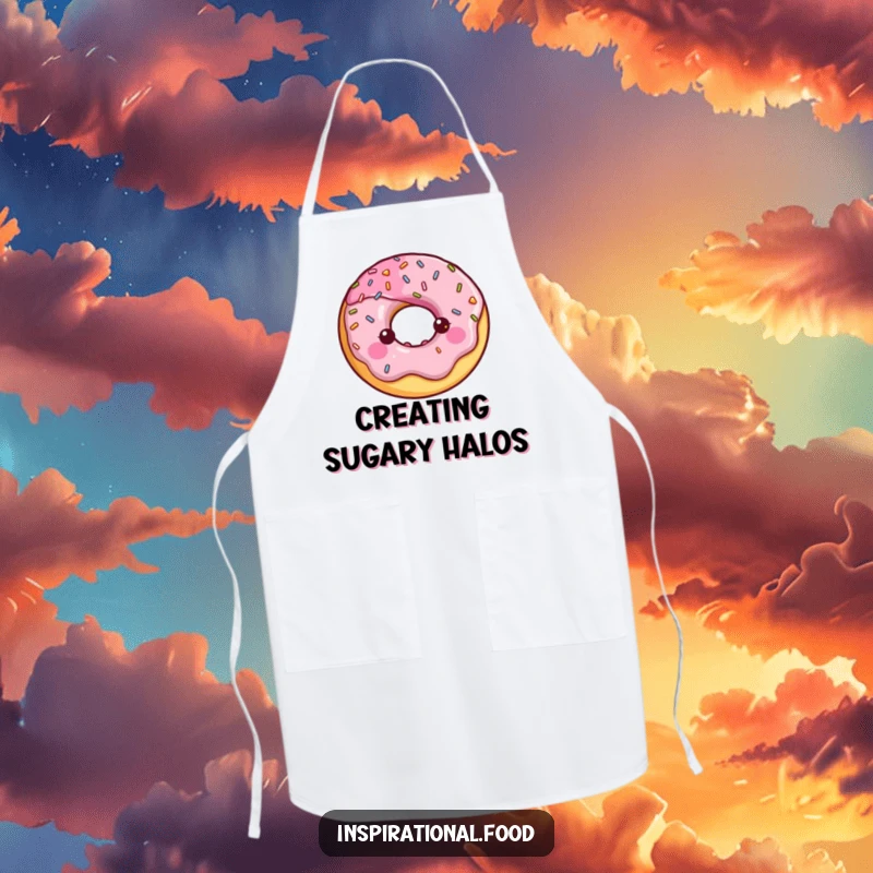 Happy donut character with a halo of shiny sprinkles on a functional apron.