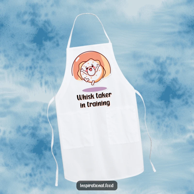 Funny apron featuring a dynamic doughnut character cartwheeling, ideal for adding humor to cooking and baking sessions.
