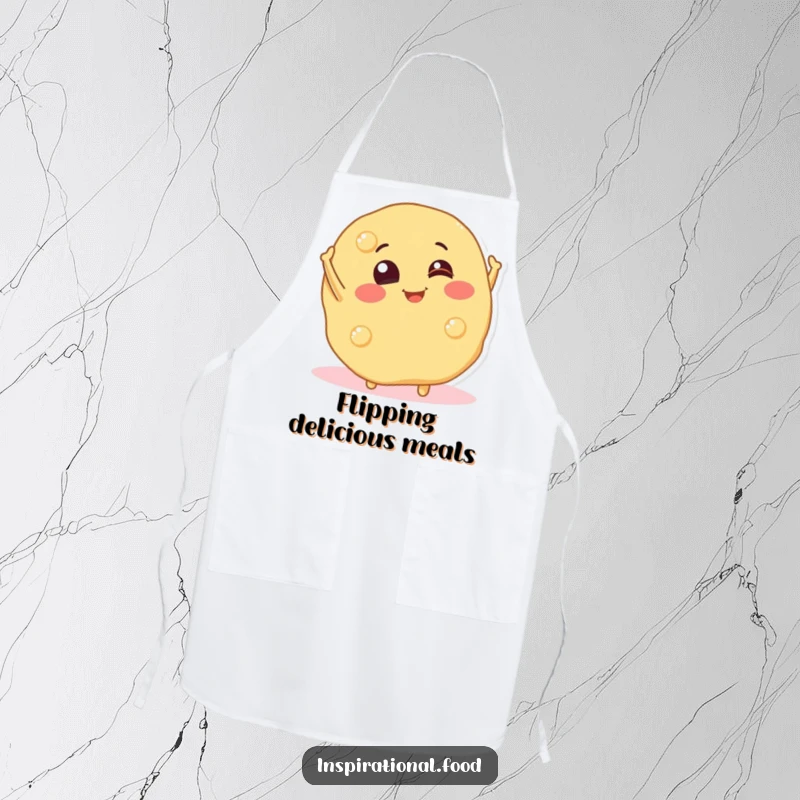 Funny apron featuring a smiling pancake character playfully flipping itself, perfect for adding fun to kitchen duties.