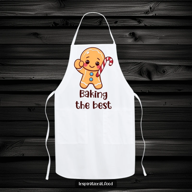 Funny gingerbread cookie character apron, holding a candy cane like a chef's tool, ready for festive baking and cooking.