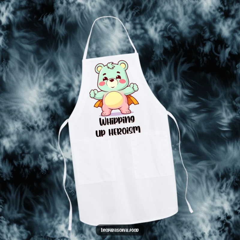 Funny apron with a delighted gummy bear character in a heroic pose, designed for humorous cooking and adventures.