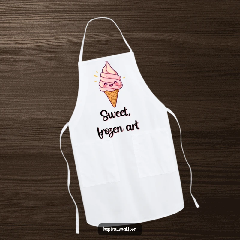 Funny apron with a jubilant ice cream cone swirling with excitement, perfect for adding cool humor to the kitchen.