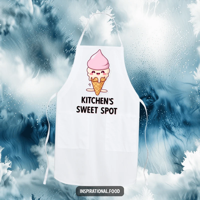 Funny apron with a beaming ice cream cone character melting, ideal for keeping clean while making or serving desserts.