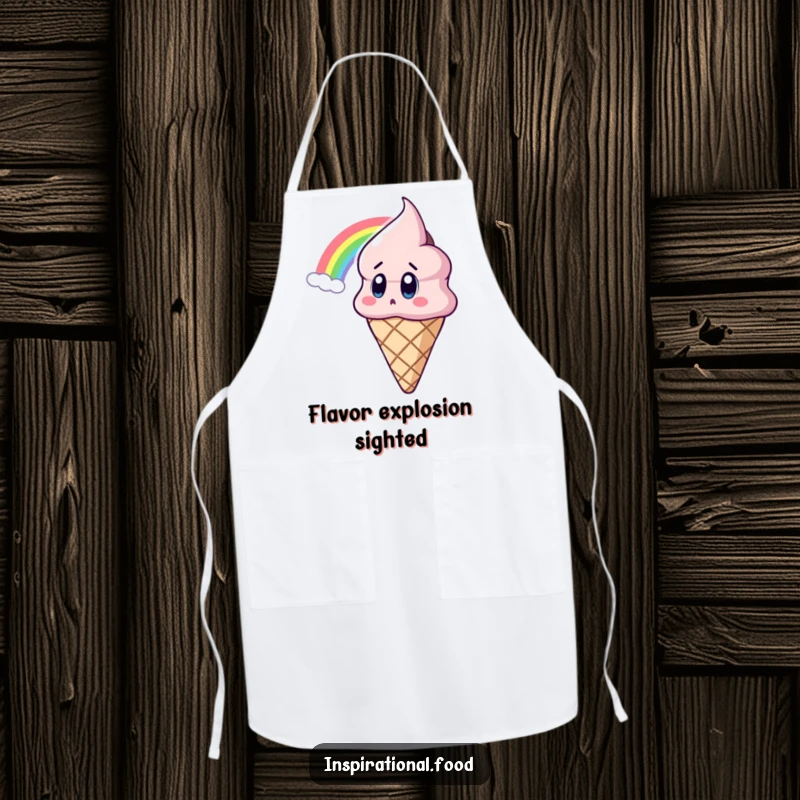Funny Ice Cream Apron showing a surprised ice cream cone character looking at a rainbow, bringing whimsical charm to cooking, a great funny gift.