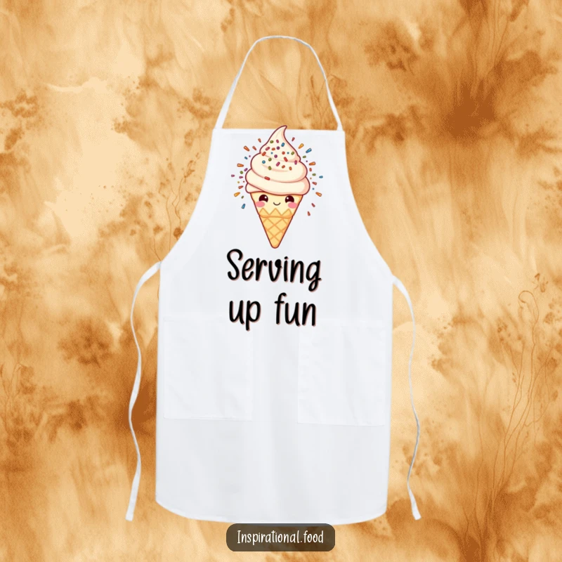 Funny apron illustrated with a smiling ice cream cone and a vibrant sprinkle explosion, ideal for adding humor to the kitchen.
