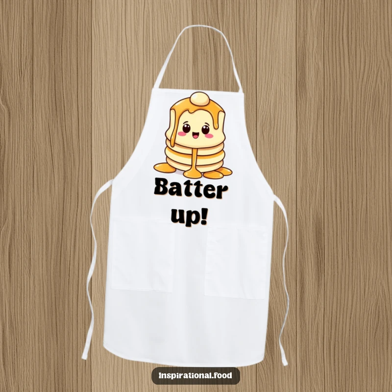 Funny apron featuring a beaming pancake character with a syrup cascade, perfect for kitchen tasks with humor.