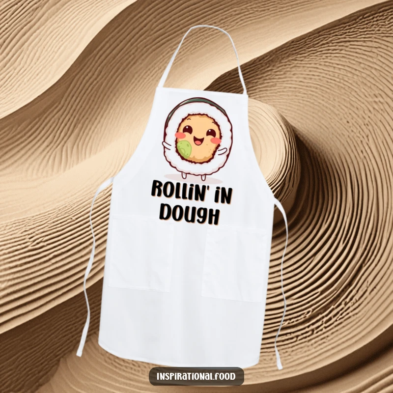 Funny sushi roll character wiggling its body with pure delight on a kitchen apron, ideal for chefs and food lovers.