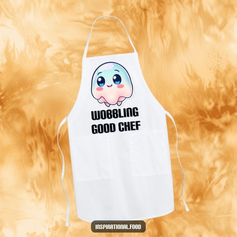 Funny apron depicting a wobbling jelly character with round eyes, spinning around while cooking.