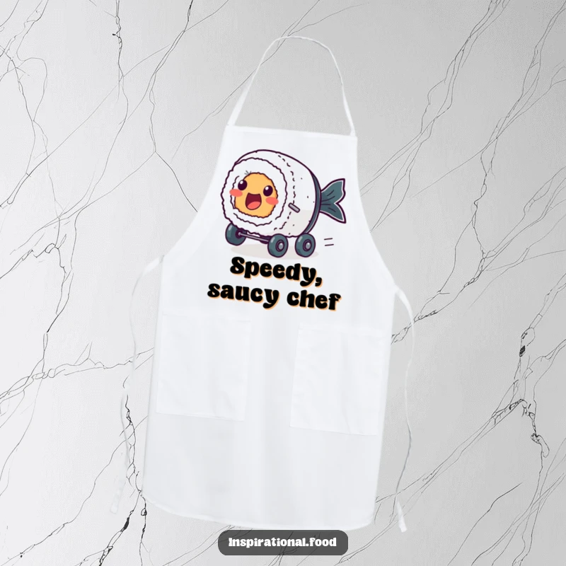 Funny apron depicting an excited sushi roll character with dot eyes, zooming forward on tiny wheels in the kitchen.