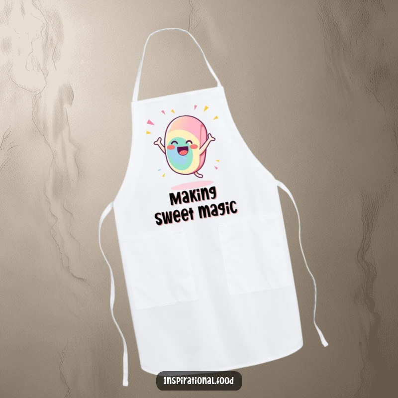 Funny candy apron with a gleeful character doing a flamboyant, celebratory flourish, perfect for adding humor and protection while cooking.