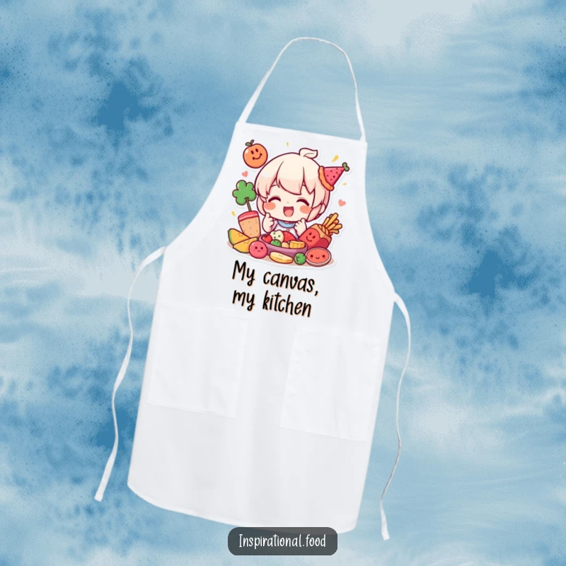 Funny apron featuring a happy character playfully arranging colorful food elements, perfect for culinary creativity.