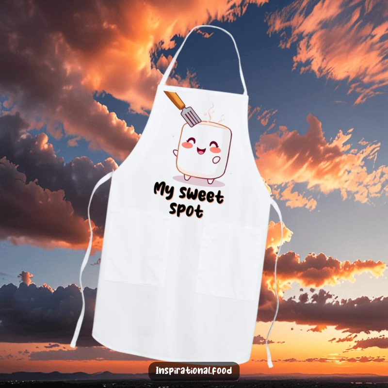 Funny apron featuring a cheerful, blushing marshmallow being toasted, ideal for adding fun to cooking.