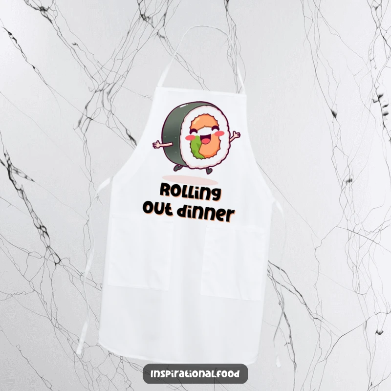 Funny sushi roll with tiny legs skipping on an apron, a cheerful and comical kitchen accessory.