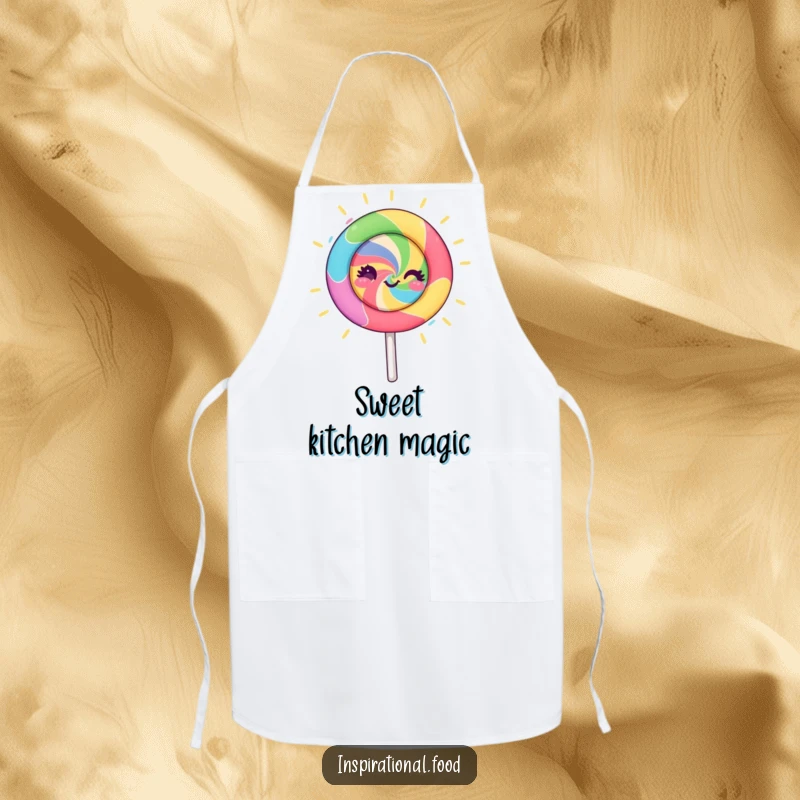 Funny lollipop character apron, spinning with vibrant colors and creative energy, perfect for cooking and adding artistic humor to the kitchen.