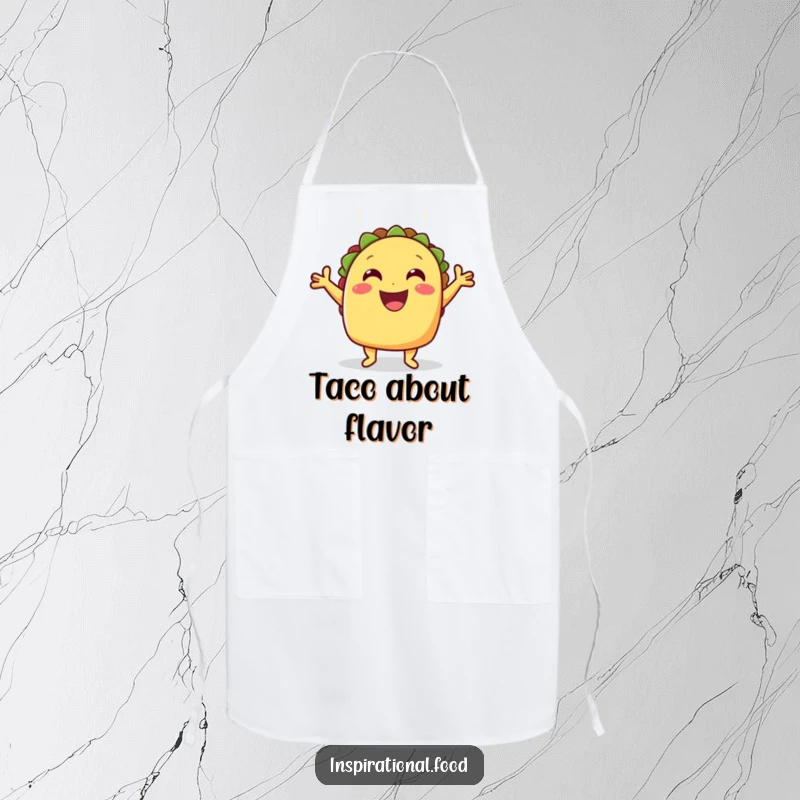 Funny cheerful taco with its shell open on an apron, a festive and comical kitchen accessory.