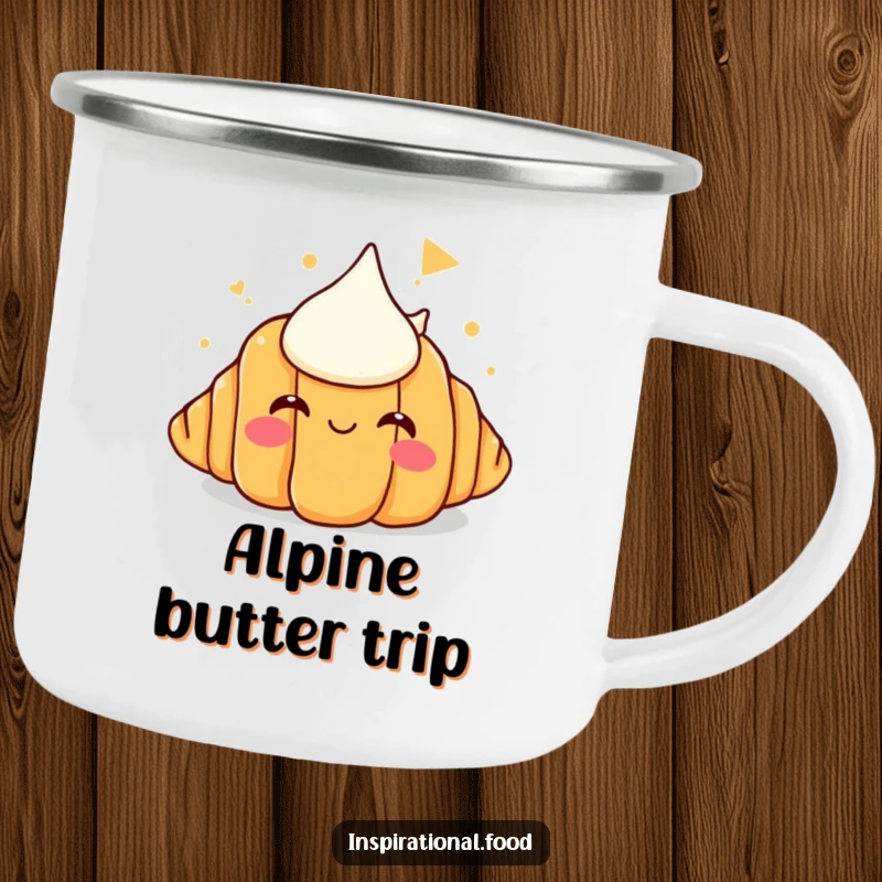 Funny camping mug showing a croissant daydreaming about a massive butter mountain, bringing humor to the great outdoors.