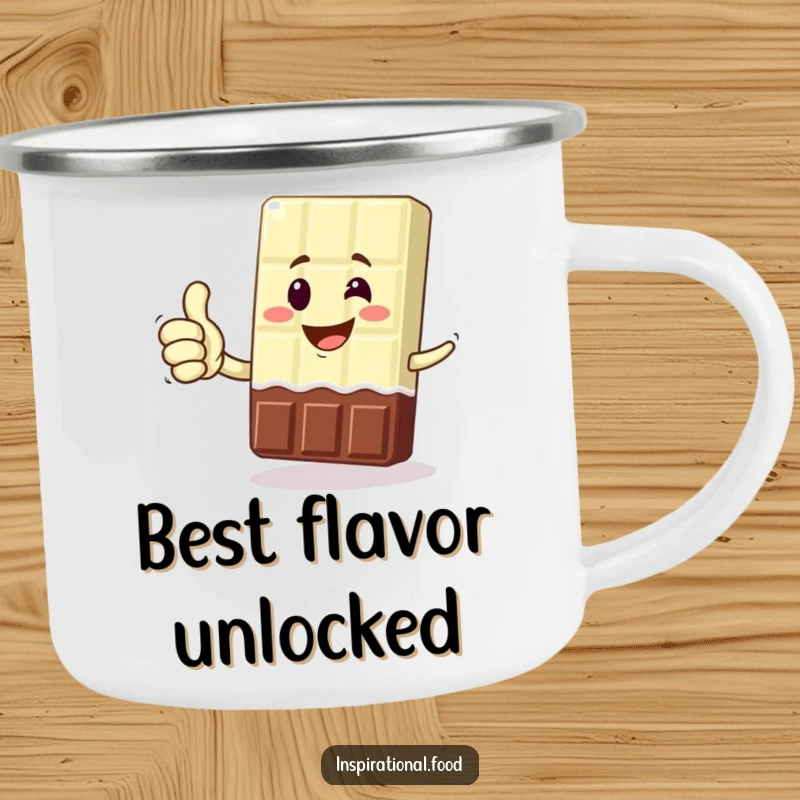 Funny camping mug with a grinning chocolate bar character giving a thumbs up, perfect for outdoor drinks and sweet humor.