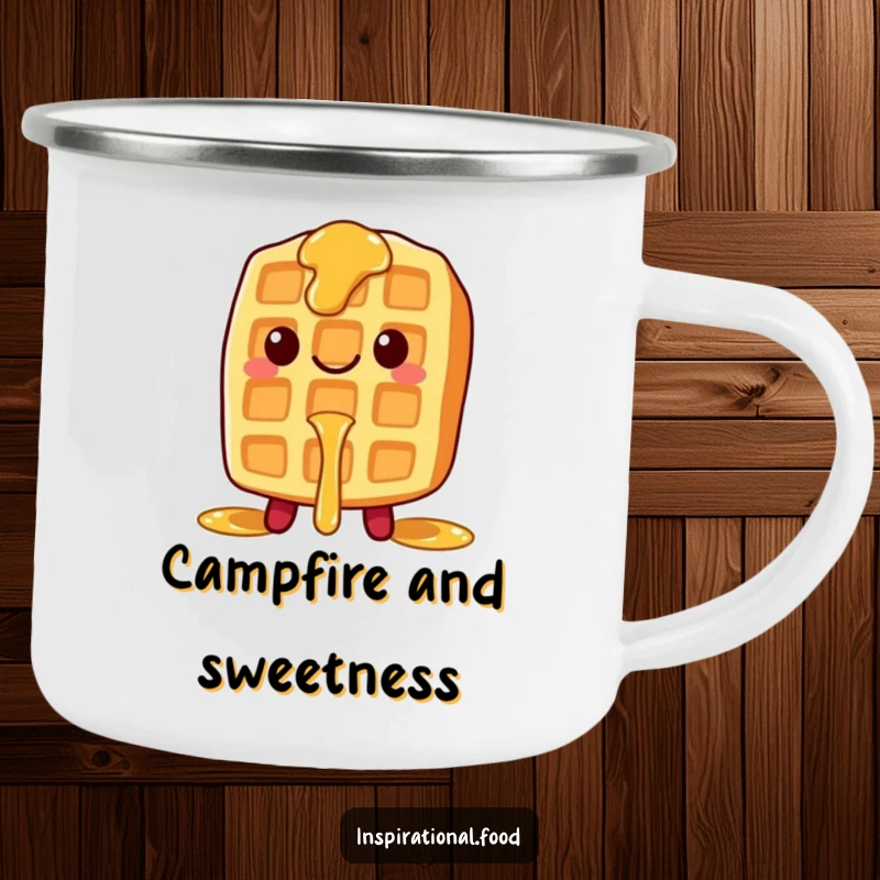 Funny camping mug featuring a smiling waffle character with syrup dripping, designed for outdoor enjoyment.