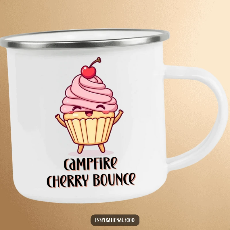 Funny happy cupcake camping mug, a bouncing dessert with a cherry, for sweet outdoor enjoyment.