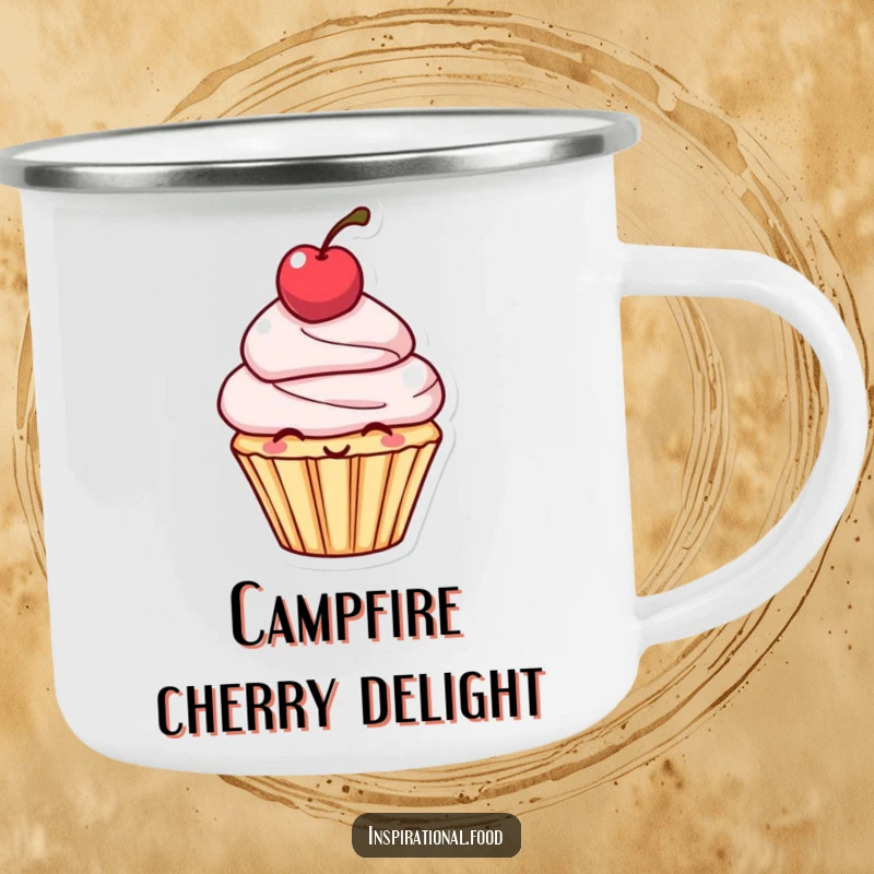 Funny Camping Mug: Durable mug showing a smiling cupcake character with a cherry balanced on its head, perfect for outdoor enjoyment.