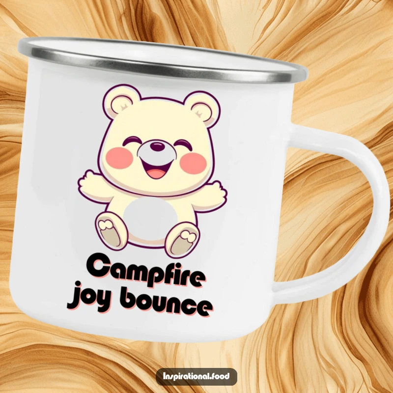 Funny Camping Mug: A grinning gummy bear in an energetic bounce, perfect for cheerful sips during outdoor adventures.