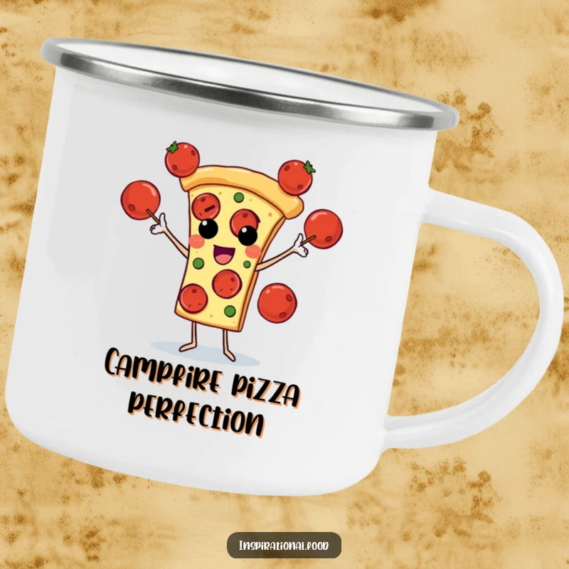 Funny camping mug with a pizza slice juggling pepperoni design, perfect for enjoying drinks during outdoor activities.