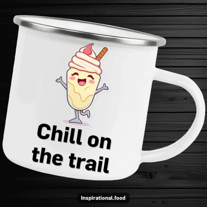 Funny ice cream sundae camping mug with a joyful character caught mid-dance move, perfect for cheerful sipping on adventures.