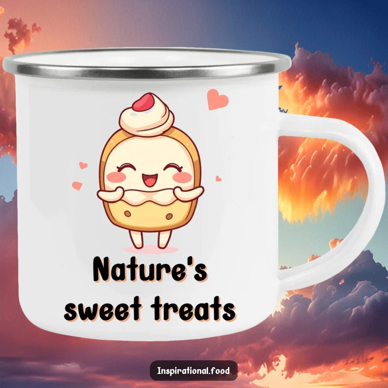 Funny camping mug with a blushing pastry character joyfully sharing delightful food imagery, ready for any adventure.