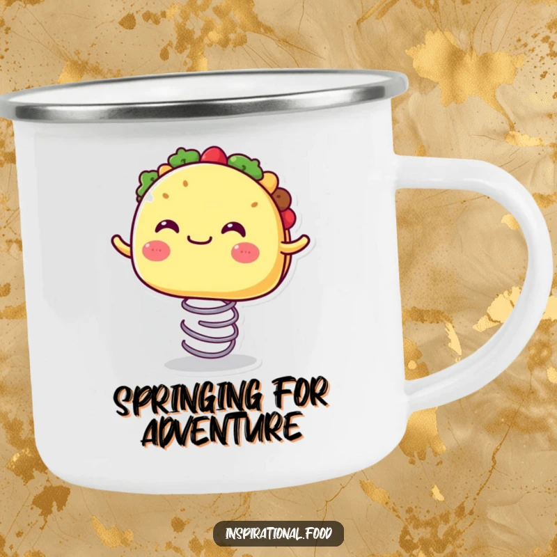 Funny camping mug with a joyful taco character with a wide mouth, bouncing on a spring, ready for adventure.
