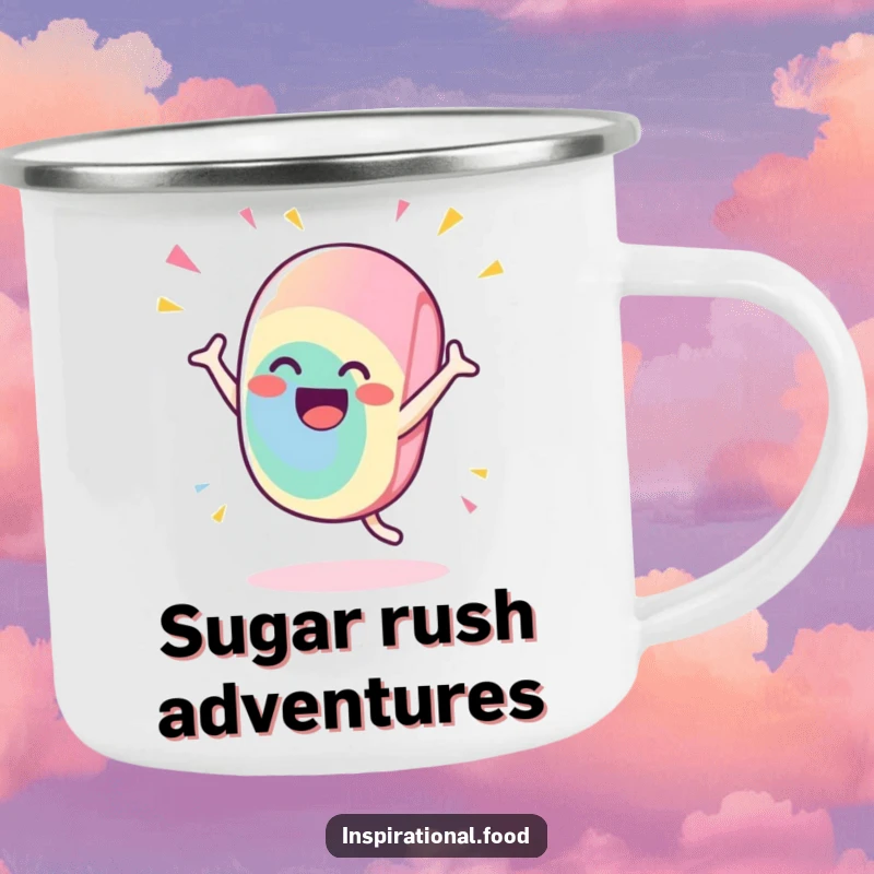 Funny candy camping mug featuring a gleeful character doing a flamboyant, celebratory flourish, designed for rugged adventures and cheerful sipping.