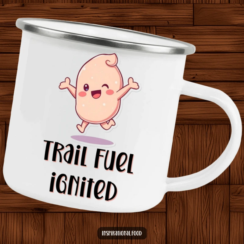 Funny Candy Camping Mug showing a happy candy character leaping, ideal for adventurers seeking fun and refreshment, a great funny gift.