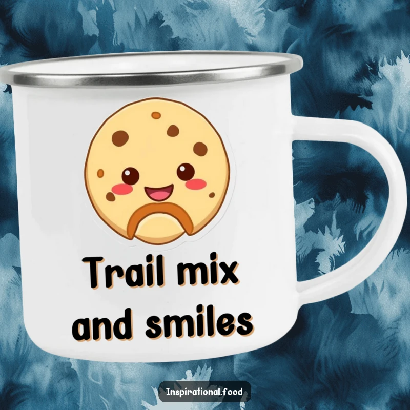 Funny camping mug featuring a cookie character with a bite mark revealing a smile, designed for outdoor enjoyment.